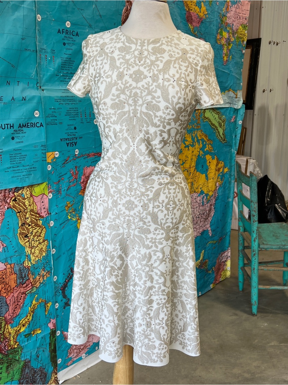 St. John Cream and Beige Brocade, Crystal Embellished Fit-and-Flare Dress
